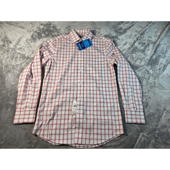 Haggar Dress Shirt Men 14-14.5 32/33 Red/White Plaid Slim Fit Stretch Comfort - Picture 2 of 8